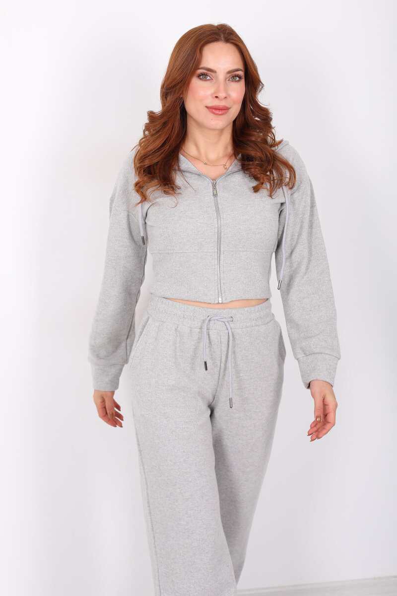 Kapüşonlu Fermuarlı Gri Melanj Kadın Selanik Takım - 6