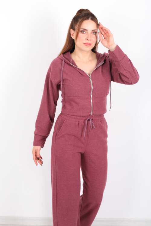 Kapüşonlu Fermuarlı Gül Kurusu Kadın Pantolon-Ceket Takım - 4