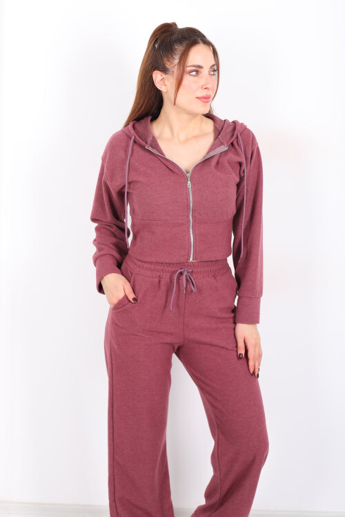 Kapüşonlu Fermuarlı Gül Kurusu Kadın Pantolon-Ceket Takım - Berox