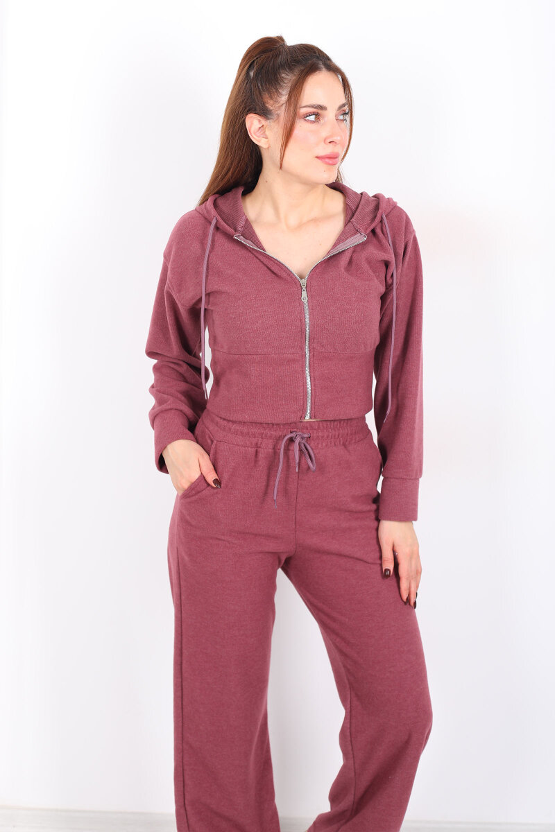 Kapüşonlu Fermuarlı Gül Kurusu Kadın Pantolon-Ceket Takım - 1