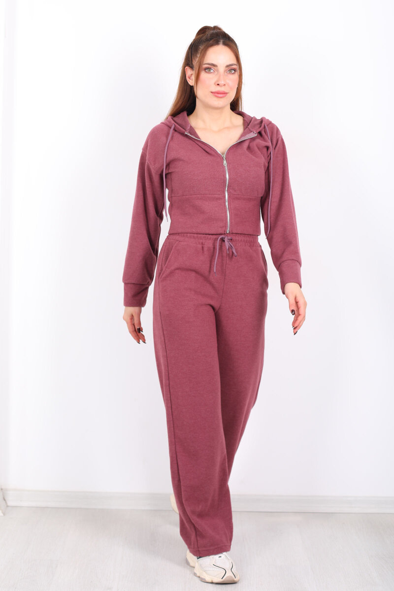 Kapüşonlu Fermuarlı Gül Kurusu Kadın Pantolon-Ceket Takım - 3