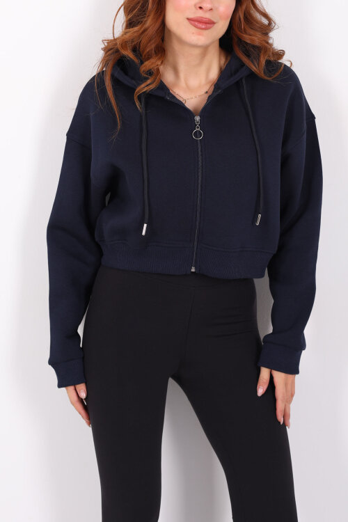 Kapüşonlu Fermuarlı Lacivert Kadın Crop Sweatshirt - Berox (1)