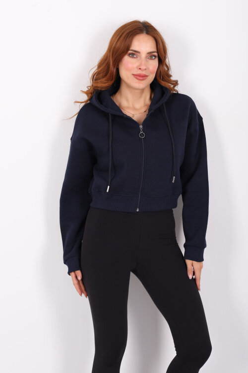Kapüşonlu Fermuarlı Lacivert Kadın Crop Sweatshirt - 6