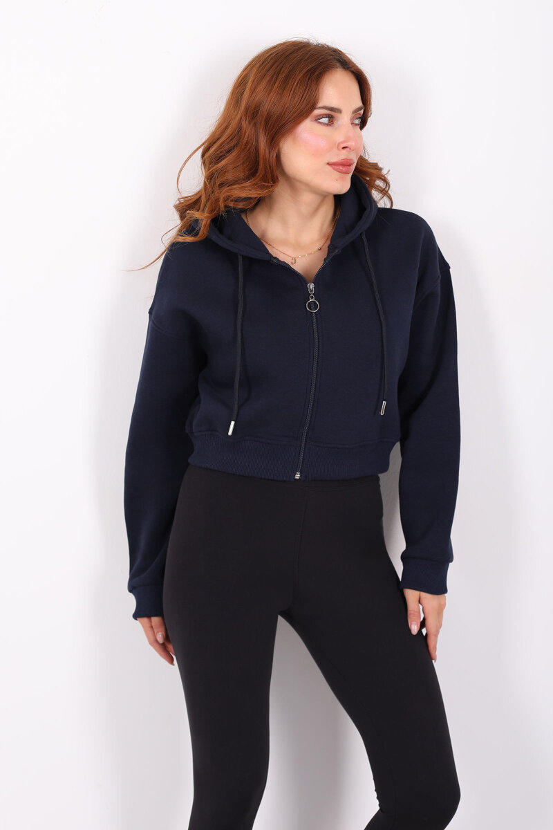 Kapüşonlu Fermuarlı Lacivert Kadın Crop Sweatshirt - 4