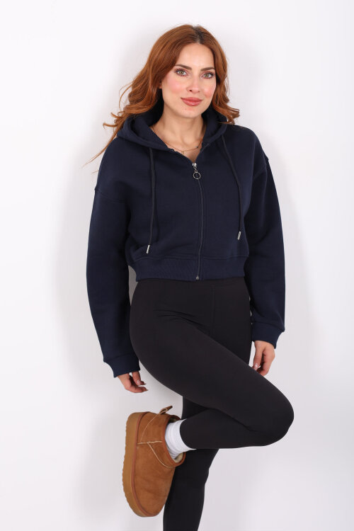Kapüşonlu Fermuarlı Lacivert Kadın Crop Sweatshirt - 3