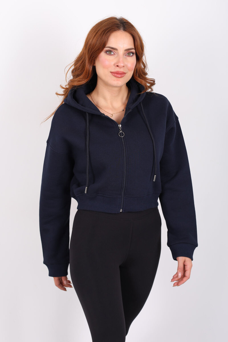 Kapüşonlu Fermuarlı Lacivert Kadın Crop Sweatshirt - 1