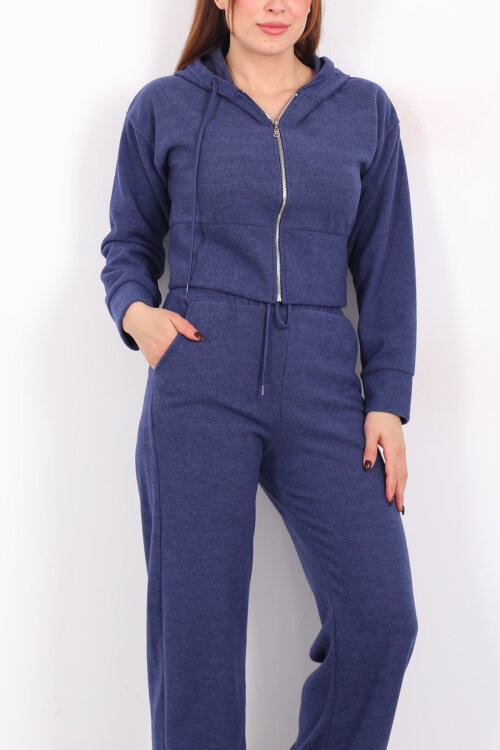 Kapüşonlu Fermuarlı Marin Kadın Pantolon-Ceket Takım - Berox (1)