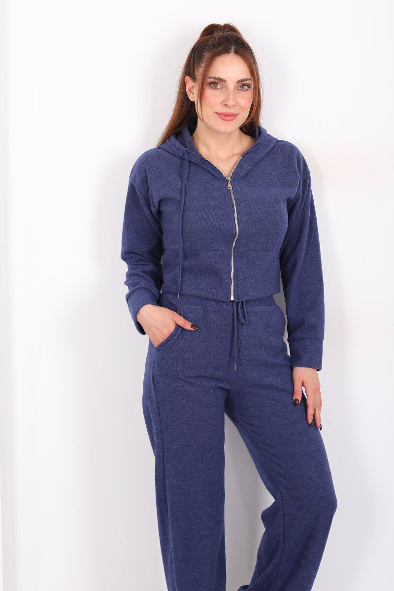 Kapüşonlu Fermuarlı Marin Kadın Pantolon-Ceket Takım - 4