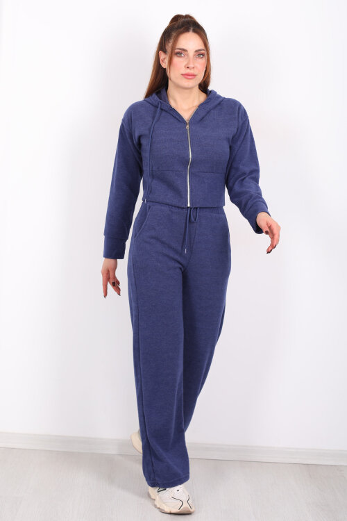 Kapüşonlu Fermuarlı Marin Kadın Pantolon-Ceket Takım - 3