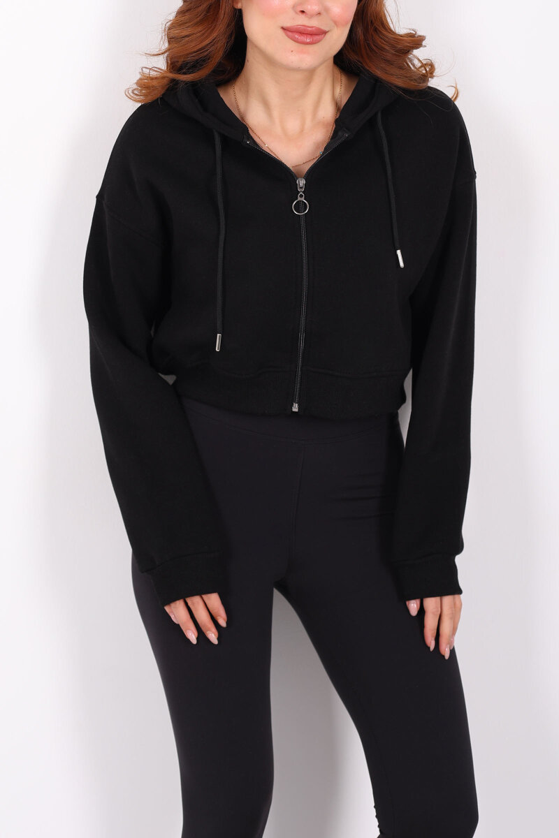 Kapüşonlu Fermuarlı Siyah Kadın Crop Sweatshirt - 2