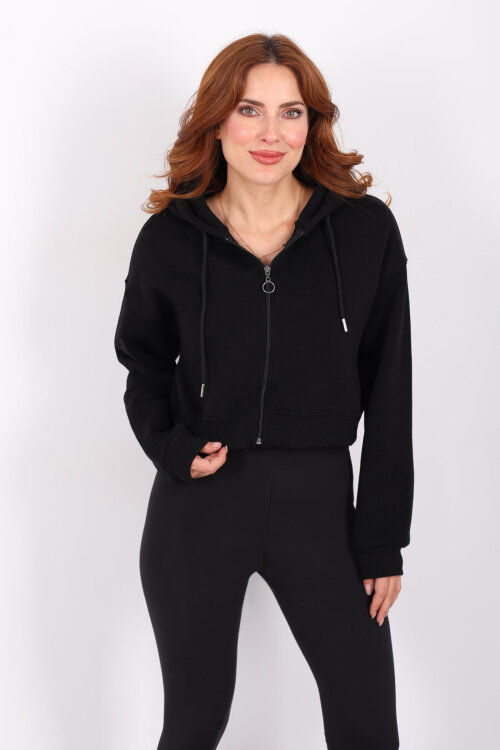 Kapüşonlu Fermuarlı Siyah Kadın Crop Sweatshirt - 3