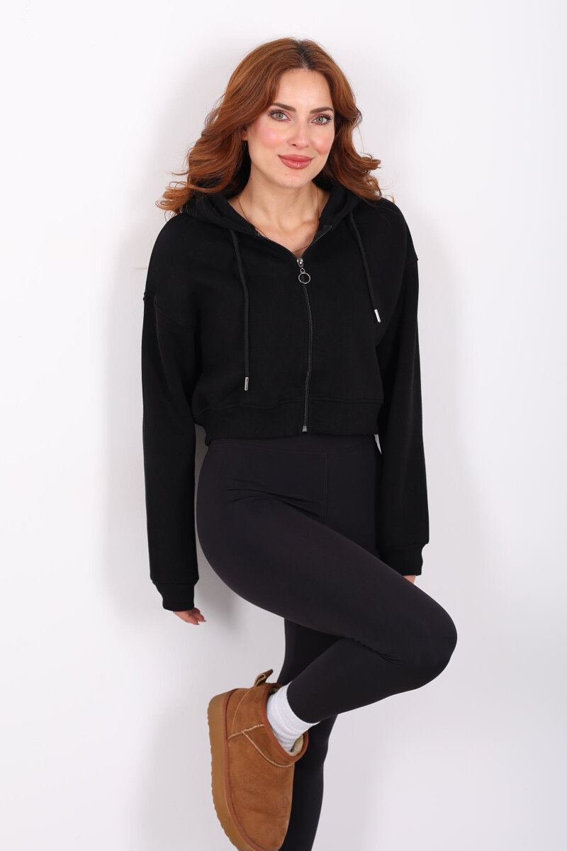 Kapüşonlu Fermuarlı Siyah Kadın Crop Sweatshirt - 1