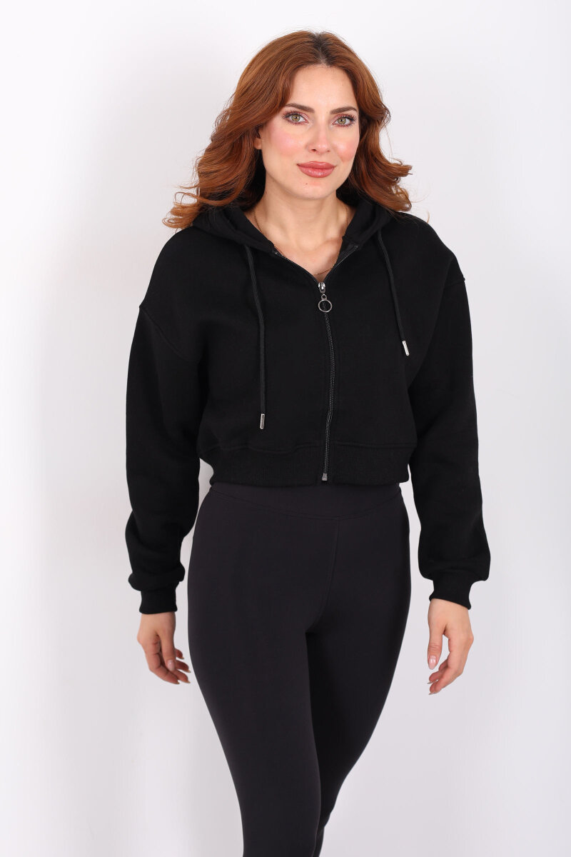 Kapüşonlu Fermuarlı Siyah Kadın Crop Sweatshirt - 6