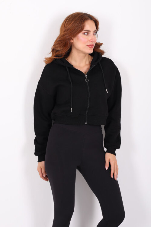 Kapüşonlu Fermuarlı Siyah Kadın Crop Sweatshirt - 4