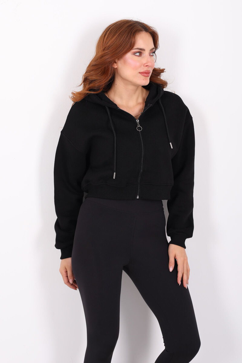 Kapüşonlu Fermuarlı Siyah Kadın Crop Sweatshirt - 4