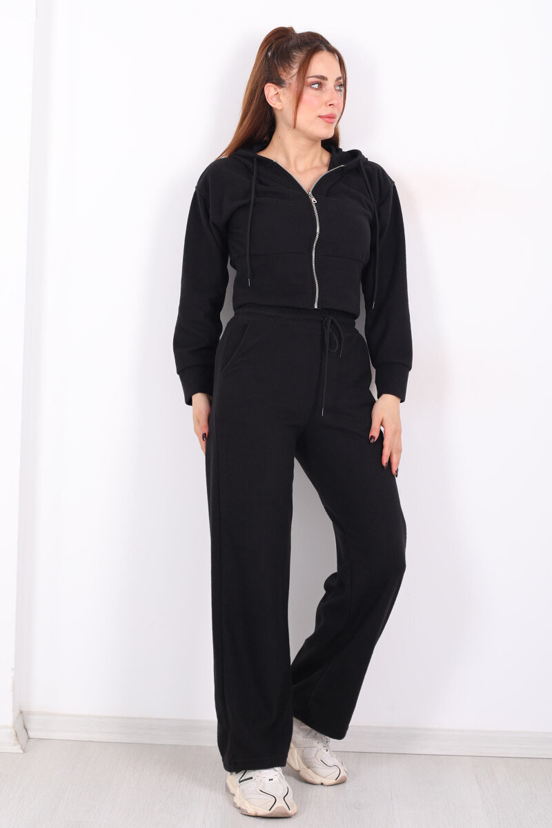 Kapüşonlu Fermuarlı Siyah Kadın Pantolon-Ceket Takım - 6