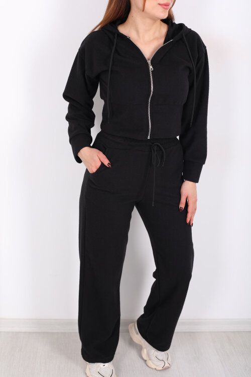 Kapüşonlu Fermuarlı Siyah Kadın Pantolon-Ceket Takım - Berox (1)