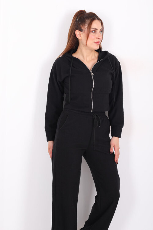 Kapüşonlu Fermuarlı Siyah Kadın Pantolon-Ceket Takım - 4