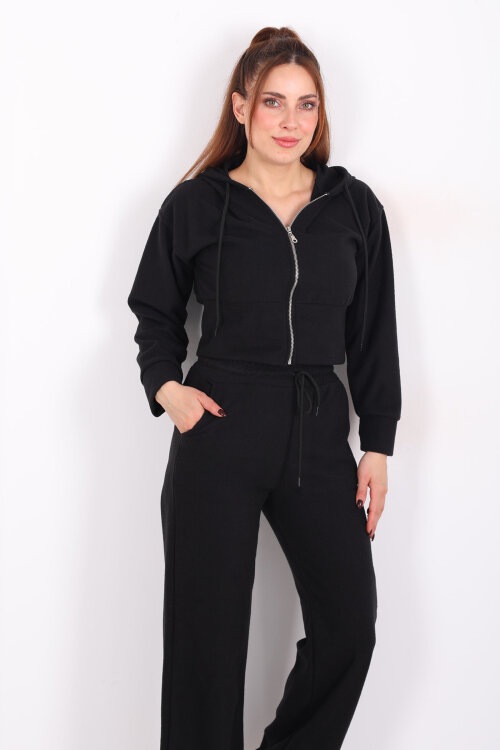 Kapüşonlu Fermuarlı Siyah Kadın Pantolon-Ceket Takım - Berox