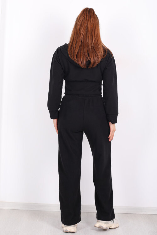 Kapüşonlu Fermuarlı Siyah Kadın Pantolon-Ceket Takım - 5