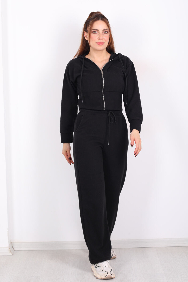 Kapüşonlu Fermuarlı Siyah Kadın Pantolon-Ceket Takım - 3