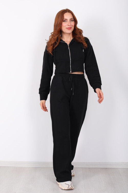 Kapüşonlu Fermuarlı Siyah Kadın Selanik Takım - 6