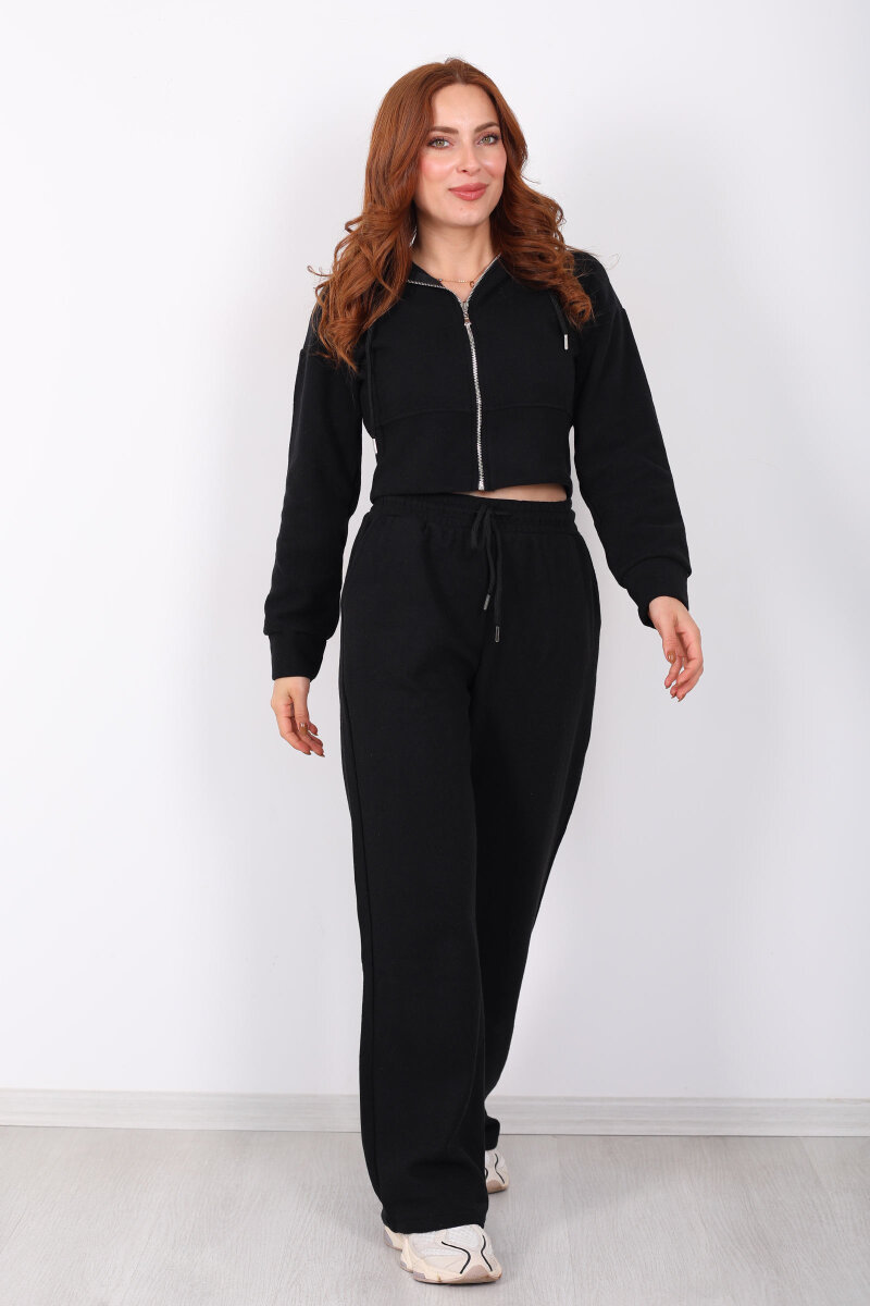 Kapüşonlu Fermuarlı Siyah Kadın Selanik Takım - 6