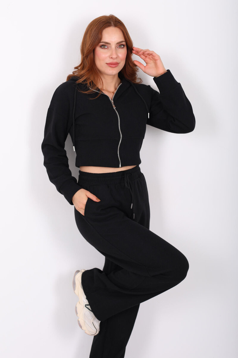 Kapüşonlu Fermuarlı Siyah Kadın Selanik Takım - 1