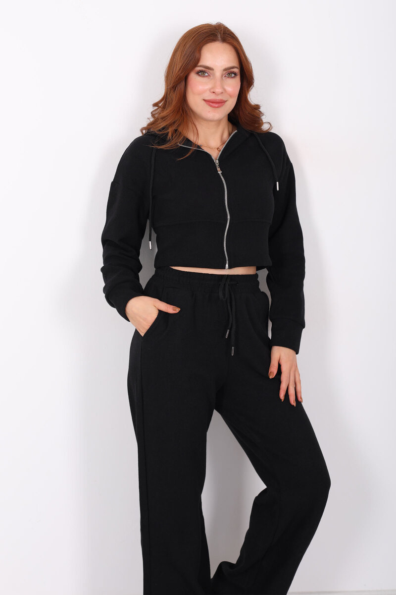 Kapüşonlu Fermuarlı Siyah Kadın Selanik Takım - 4