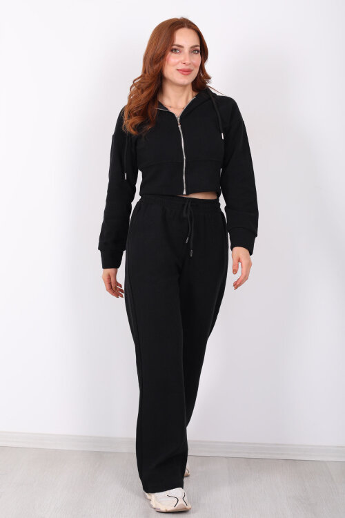 Kapüşonlu Fermuarlı Siyah Kadın Selanik Takım - 3
