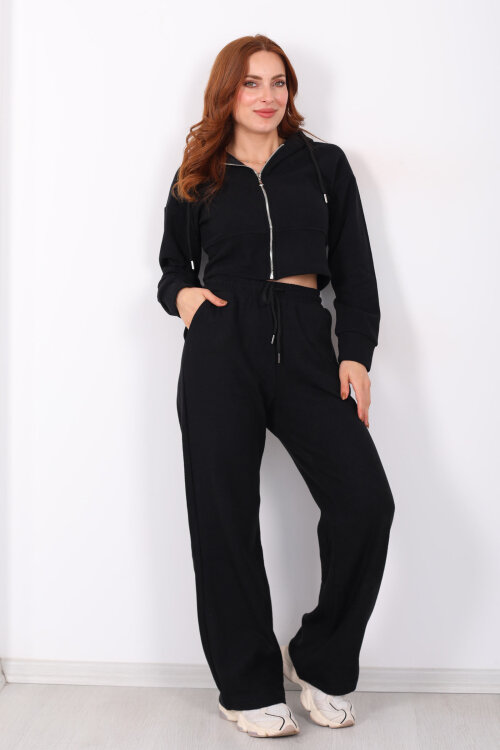 Kapüşonlu Fermuarlı Siyah Kadın Selanik Takım - 5