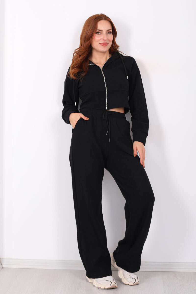 Kapüşonlu Fermuarlı Siyah Kadın Selanik Takım - 5