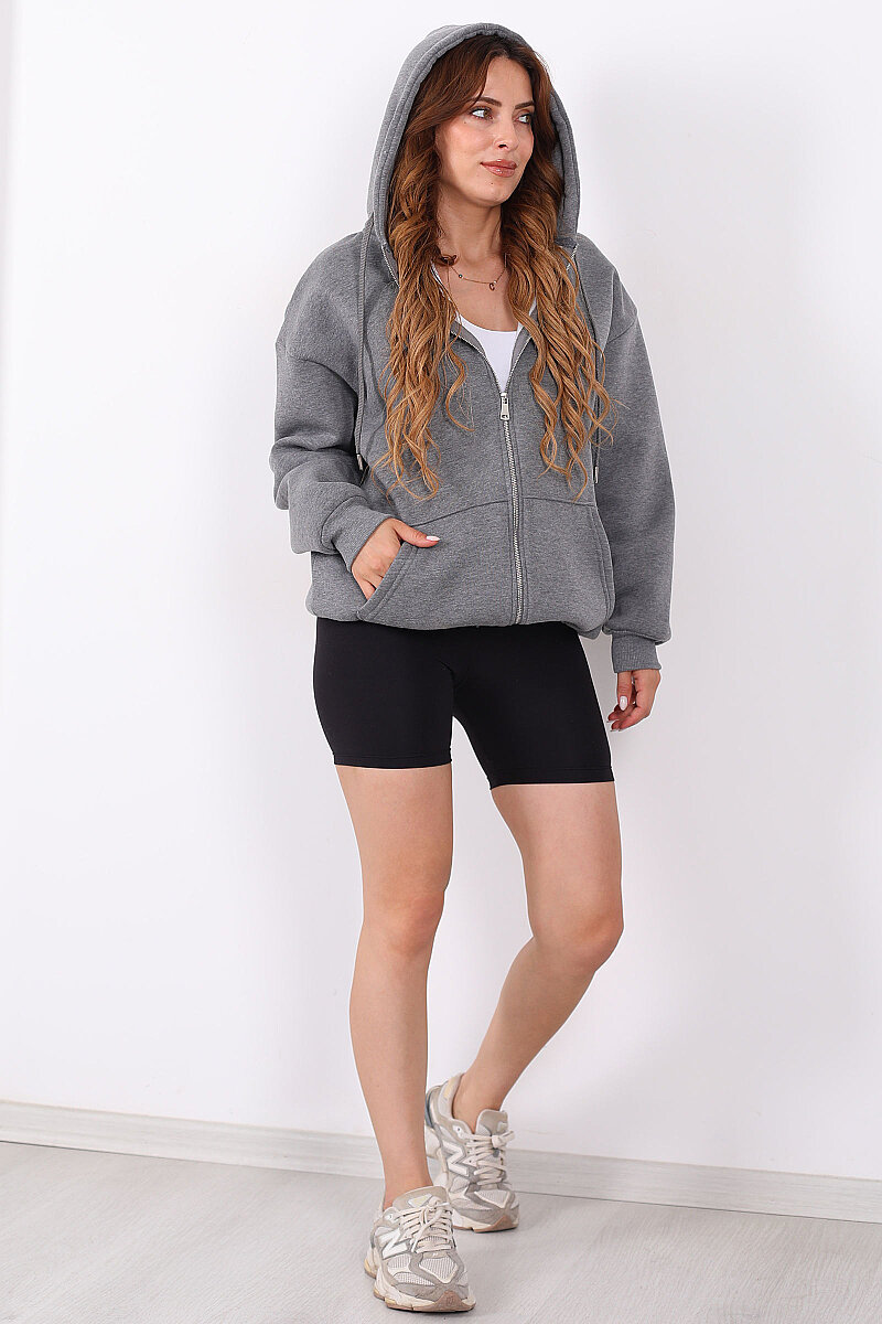 Kapüşonlu Fermuarlı Üç İp Antrasit Unisex Sweat - 4