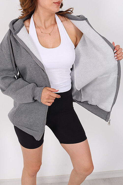 Kapüşonlu Fermuarlı Üç İp Antrasit Unisex Sweat - Berox (1)
