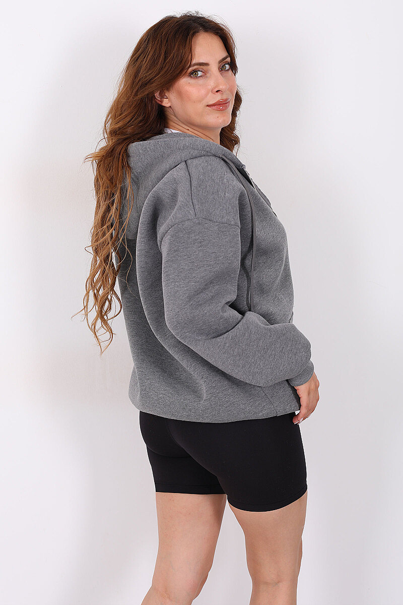 Kapüşonlu Fermuarlı Üç İp Antrasit Unisex Sweat - 5