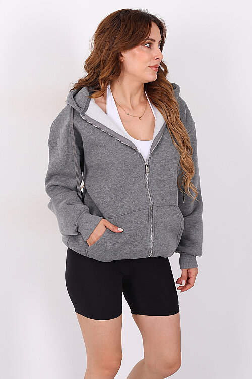 Kapüşonlu Fermuarlı Üç İp Antrasit Unisex Sweat - Berox