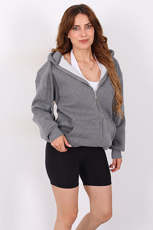 Kapüşonlu Fermuarlı Üç İp Antrasit Unisex Sweat - 6