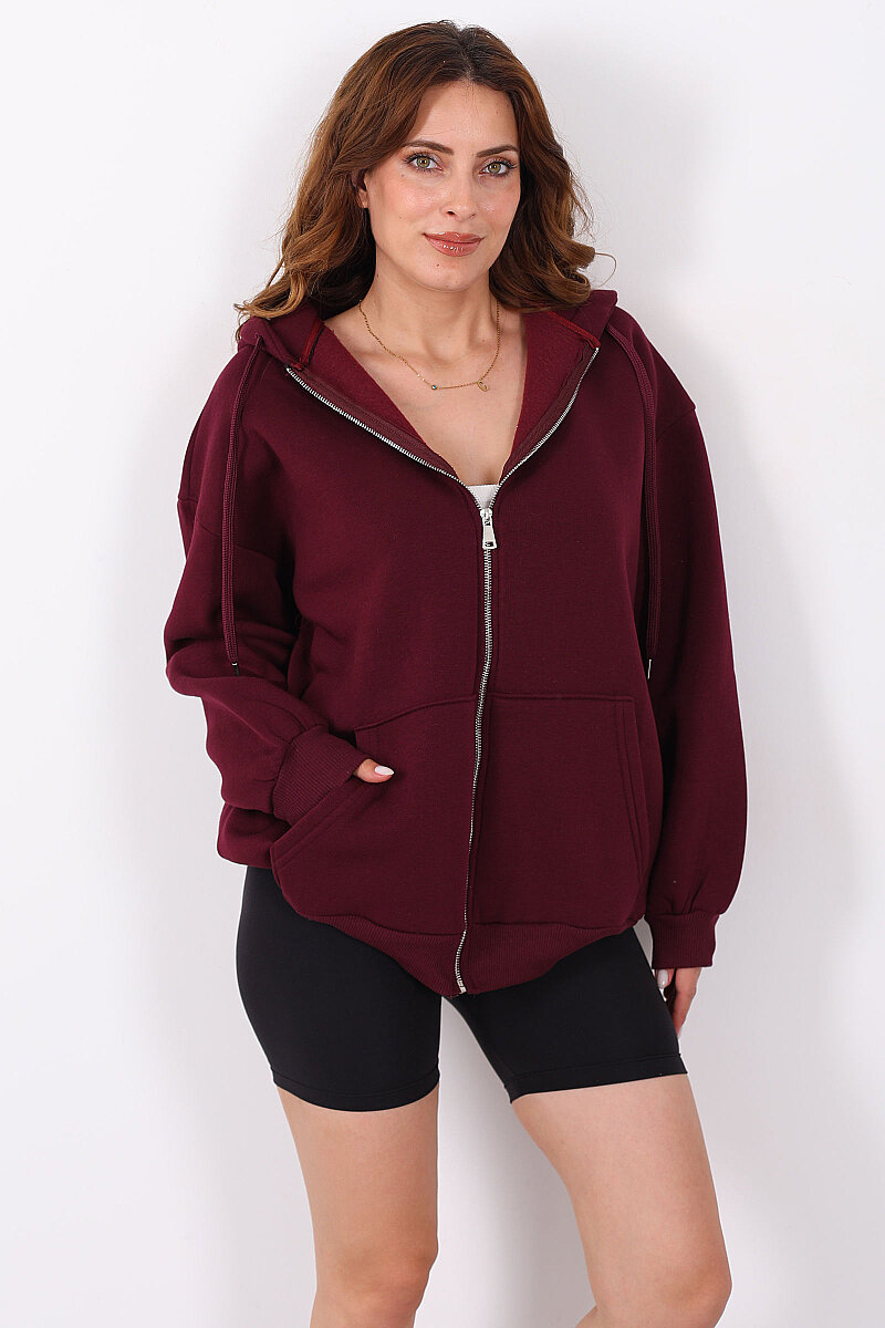 Kapüşonlu Fermuarlı Üç İp Bordo Unisex Sweat - 6