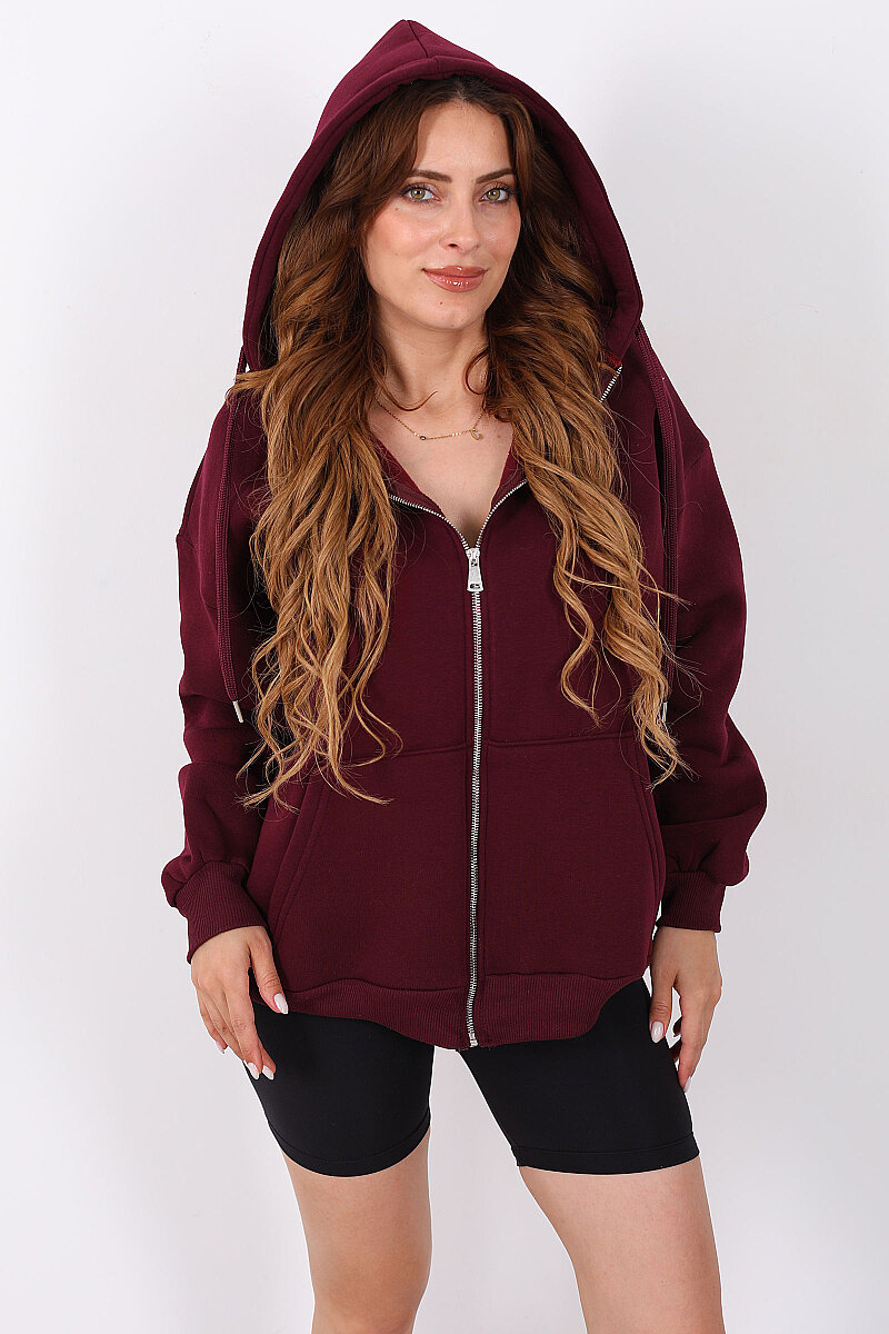 Kapüşonlu Fermuarlı Üç İp Bordo Unisex Sweat - 3