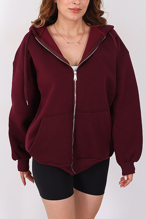 Kapüşonlu Fermuarlı Üç İp Bordo Unisex Sweat - Berox (1)