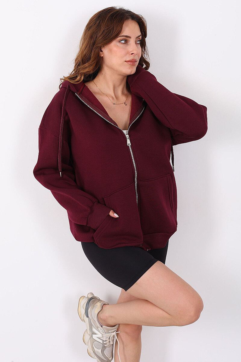 Kapüşonlu Fermuarlı Üç İp Bordo Unisex Sweat - 1