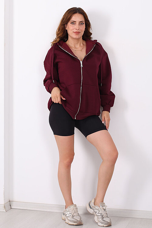 Kapüşonlu Fermuarlı Üç İp Bordo Unisex Sweat - 4