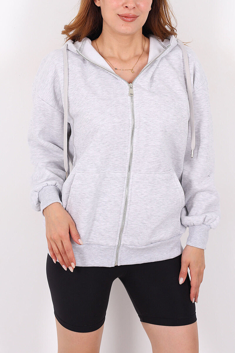 Kapüşonlu Fermuarlı Üç İp Gri Kadın Unisex Sweat - 2
