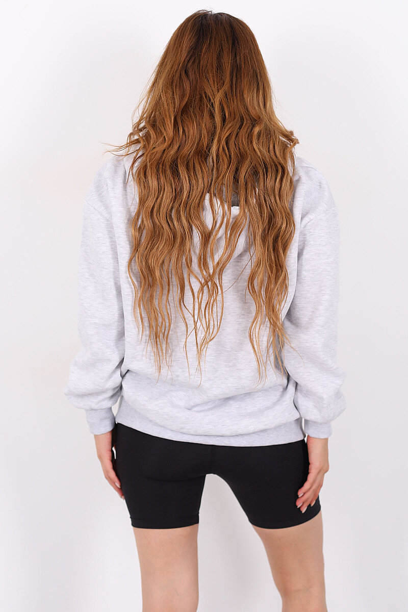 Kapüşonlu Fermuarlı Üç İp Gri Kadın Unisex Sweat - 5