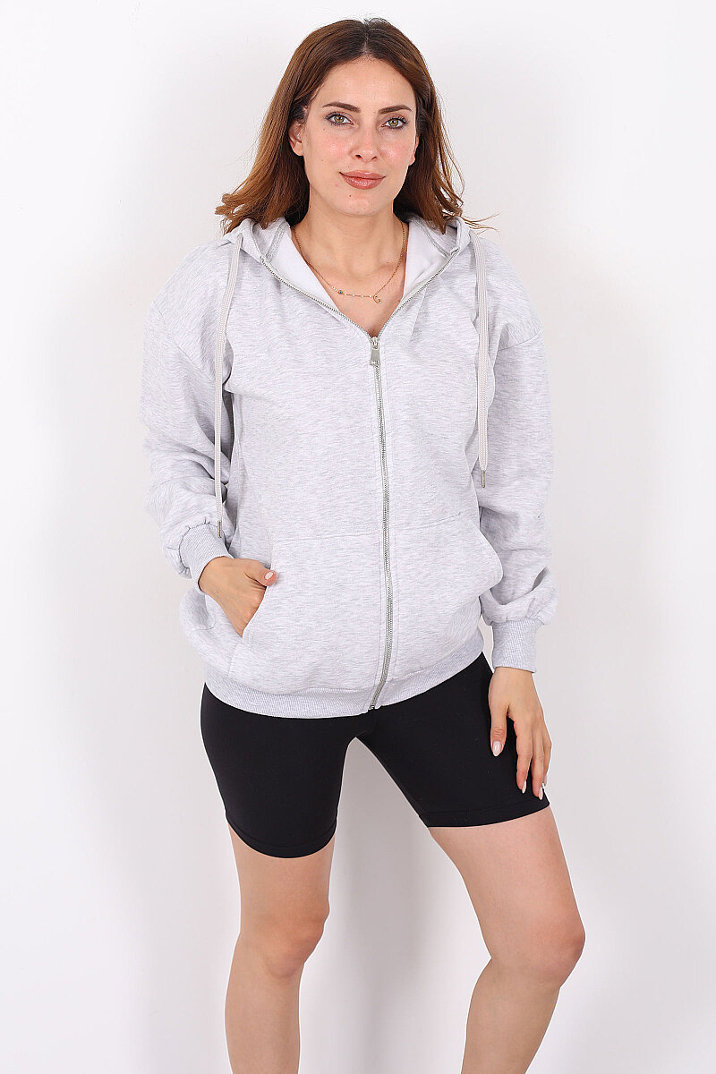 Kapüşonlu Fermuarlı Üç İp Gri Kadın Unisex Sweat - 6