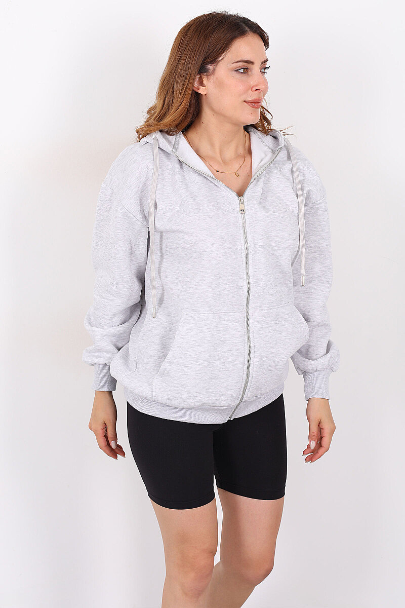 Kapüşonlu Fermuarlı Üç İp Gri Kadın Unisex Sweat - 4