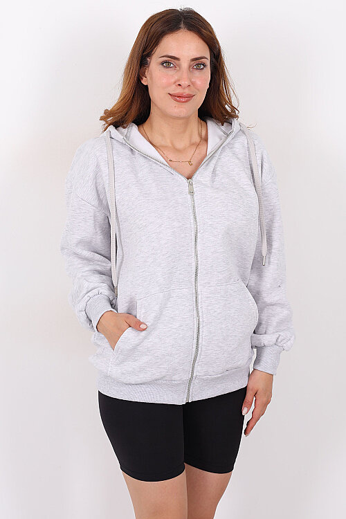 Kapüşonlu Fermuarlı Üç İp Gri Kadın Unisex Sweat - 3