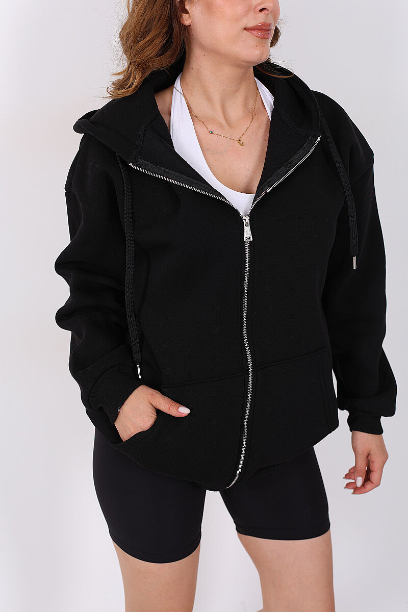 Kapüşonlu Fermuarlı Üç İp Siyah Unisex Sweat - 2