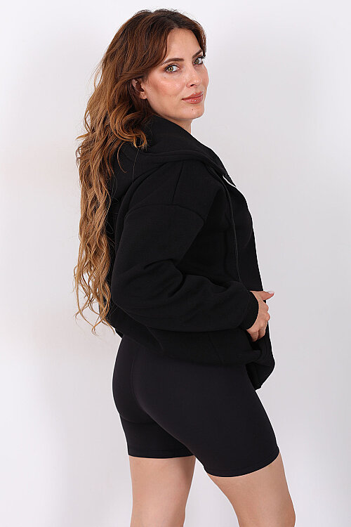 Kapüşonlu Fermuarlı Üç İp Siyah Unisex Sweat - 5
