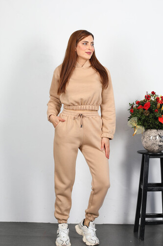 Kapüşonlu Kadın Bej Üç İplik Şardonlu Sweat Takım - Berox